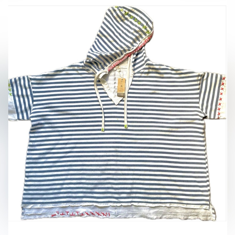 Oversized Organic Cotton Hooded Top, Star Appliqué Striped Boho Unisex Hoodie - Picture 7 of 14